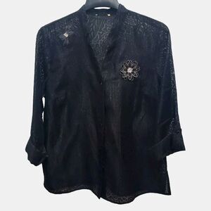 Lace Top Shirt Cover Up Womens XL Gothic Romance Black Flower Butterfly